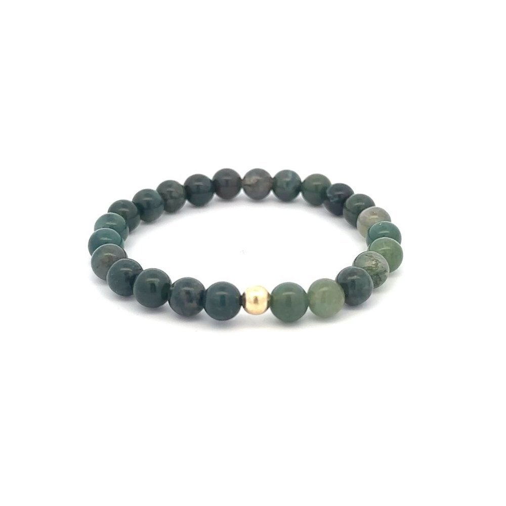 Natural Moss Agate 6mm Stretchable Bracelet 18k Gold Bead Charm
